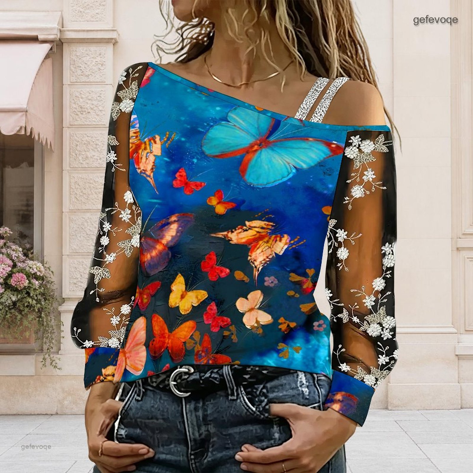 Blouse Off Shoulder - เสื้อผู้หญิงเปิดไหล่ ทรงไม่สมมาตร ไหล่เดียว แต่งลูกไม้ลายดอกไม้ ผ้าตาข่าย แขนยาว