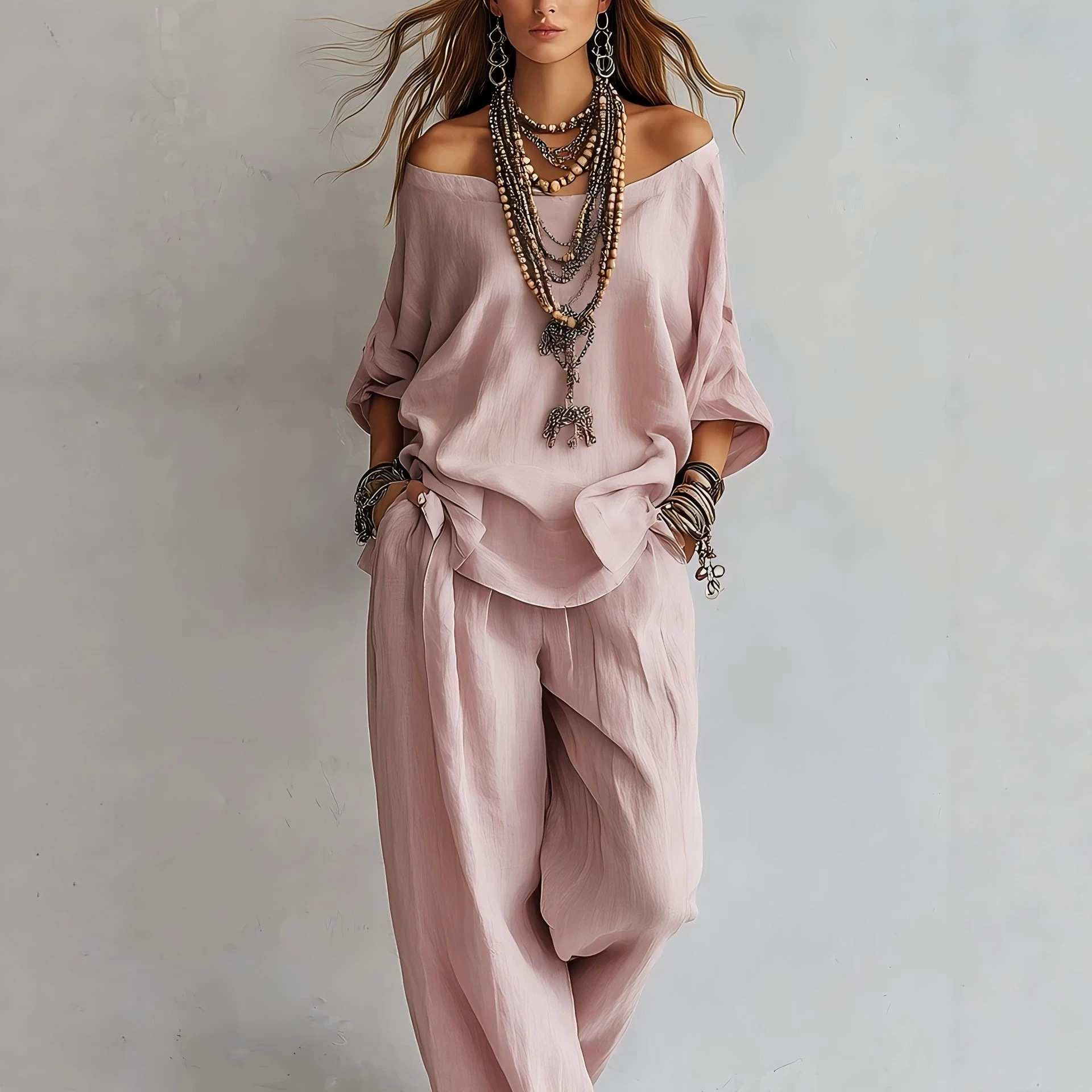 Linen Pant Wide - ชุดเสื้อผ้าลำลองผ้าลินินแขนสามส่วน กางเกงขายาวทรงหลวม สไตล์ใหม่สำหรับฤดูร้อน แฟชั่นข้ามพรมแดน