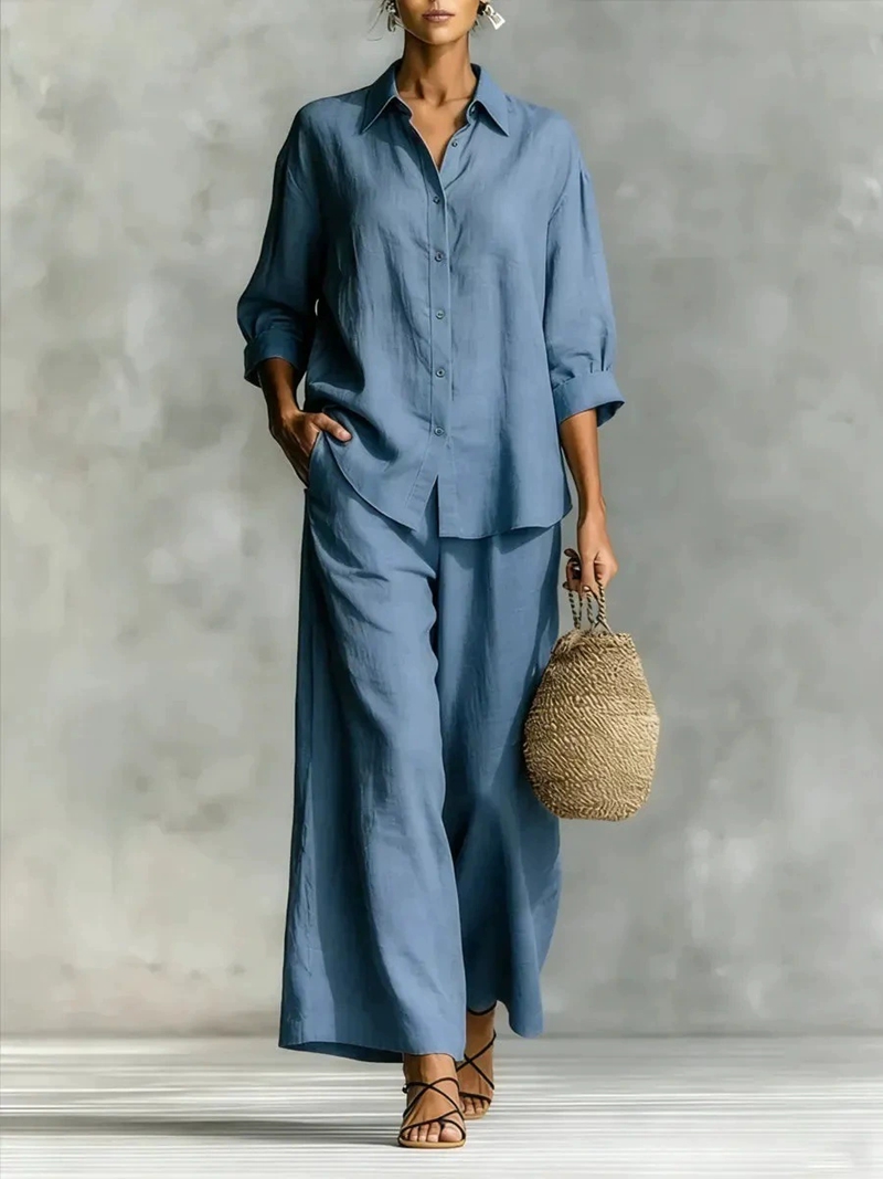 Linen Pant Wide - ชุดลำลองเสื้อแขน 7 ส่วนและกางเกงขายาวทรงหลวมสำหรับผู้หญิง ระบายอากาศได้ดี เหมาะสำหรับใส่ในชีวิตประจำวันและสตรีทแวร์