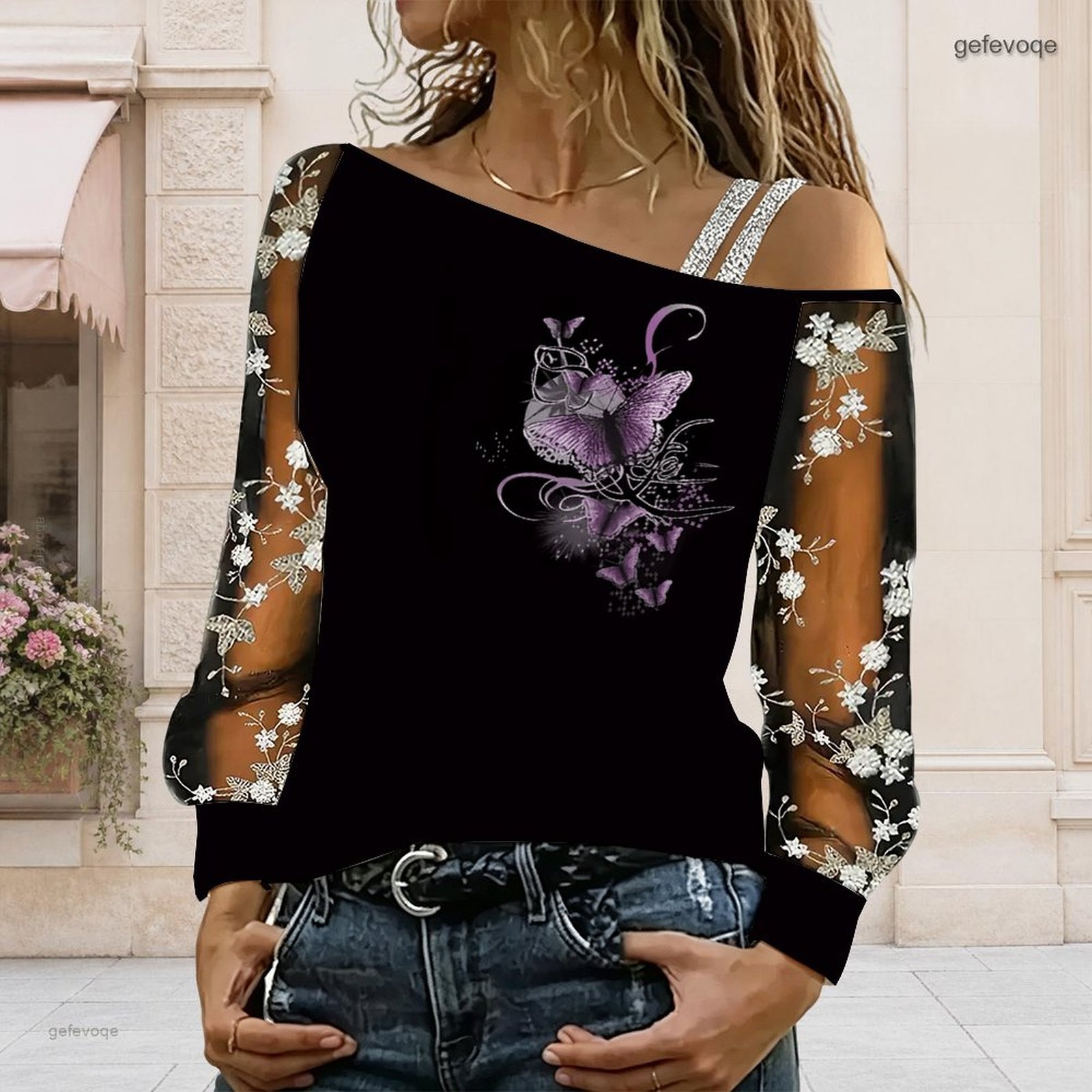 Blouse Off Shoulder - เสื้อผู้หญิงเปิดไหล่ ทรงไม่สมมาตร ไหล่เดียว แต่งลูกไม้ลายดอกไม้ ผ้าตาข่าย แขนยาว