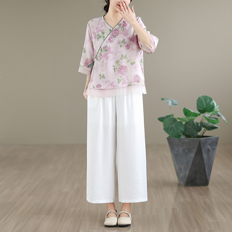 เสื้อคอวีปักลายผ้าฝ้ายลินินสุด - Linen Pant Wide บทวิจารณ์และราคา