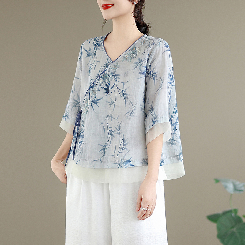 เสื้อคอวีปักลายผ้าฝ้ายลินินสุด - Linen Pant Wide บทวิจารณ์และราคา
